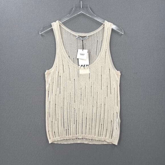 ZARA Distressed Tank top Womens Small Cream Sheer Sleeveless Knit Ribbed NEW - Picture 1 of 10
